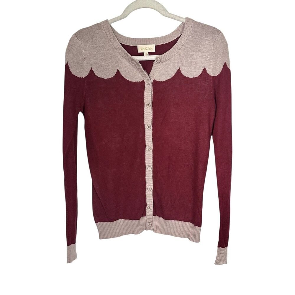 ModCloth Women Sz S Red Paris Cafe Button Cardigan Sweater Print Scalloped Retro